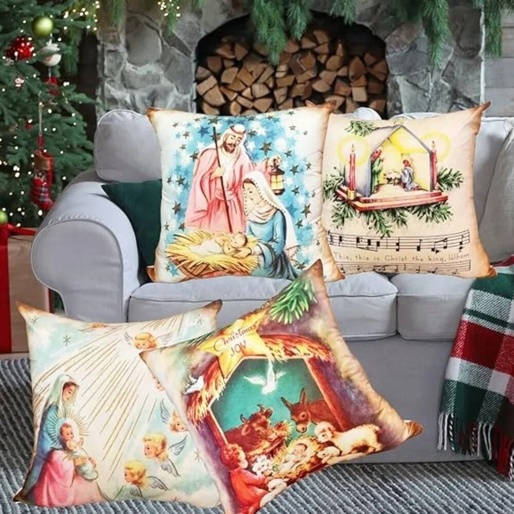 Nativity Scene Pillow Cover Set of 4 Manger Scene